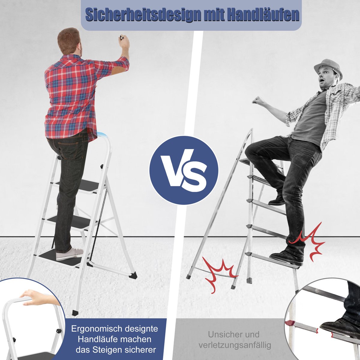 Froadp 3-treden metalen ladder, opvouwbare ladder, opstapje, antislip trapladder, multifunctionele ladder, opvouwbaar opstapje, opstapladder, sta-ladder tot 150 kg, zwart-wit – foto 5
