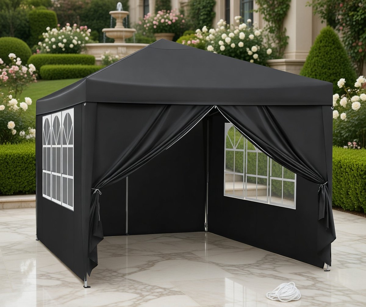 Deluxe Tuinpaviljoen 3x3 m – Opvouwbaar Buitentent Schaduwdoek met Waterdicht Zeil, Verstelbare Hoogte, UV Bescherming & Zandzakken – Robuust IJzeren Frame voor Tuin, Terras, Feest, Picknick en Outdoor Evenementen Medahomestore