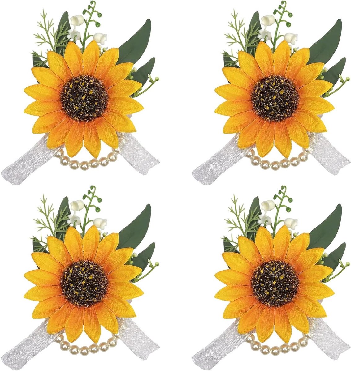Pols Bloemen - Corsage Set - Feestelijke Vieringen - Handgemaakte Simulatie - 4 Stuks - Zonnebloem Geel