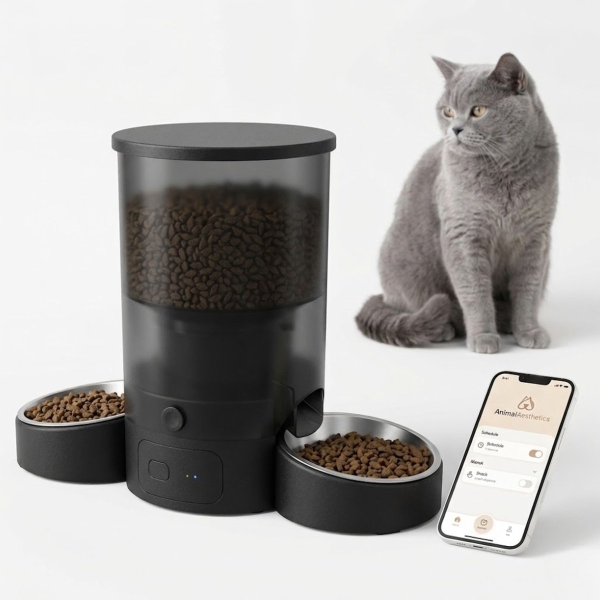 AnimalAesthetics Automatische Voerbak voor Kat & Hond Zwart– App-bediening, Twee Bakken van Roestvrijstaal, - Voerautomaat Kat 3L