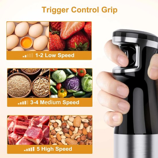 De Warenloods - 5-in-1 Staafmixer Set - Met Hakmolen, Garde en Melkopschuimer - Blender - Handmixer - 5 Snelheden - RVS - Zwart van Merkloos — afbeelding 4