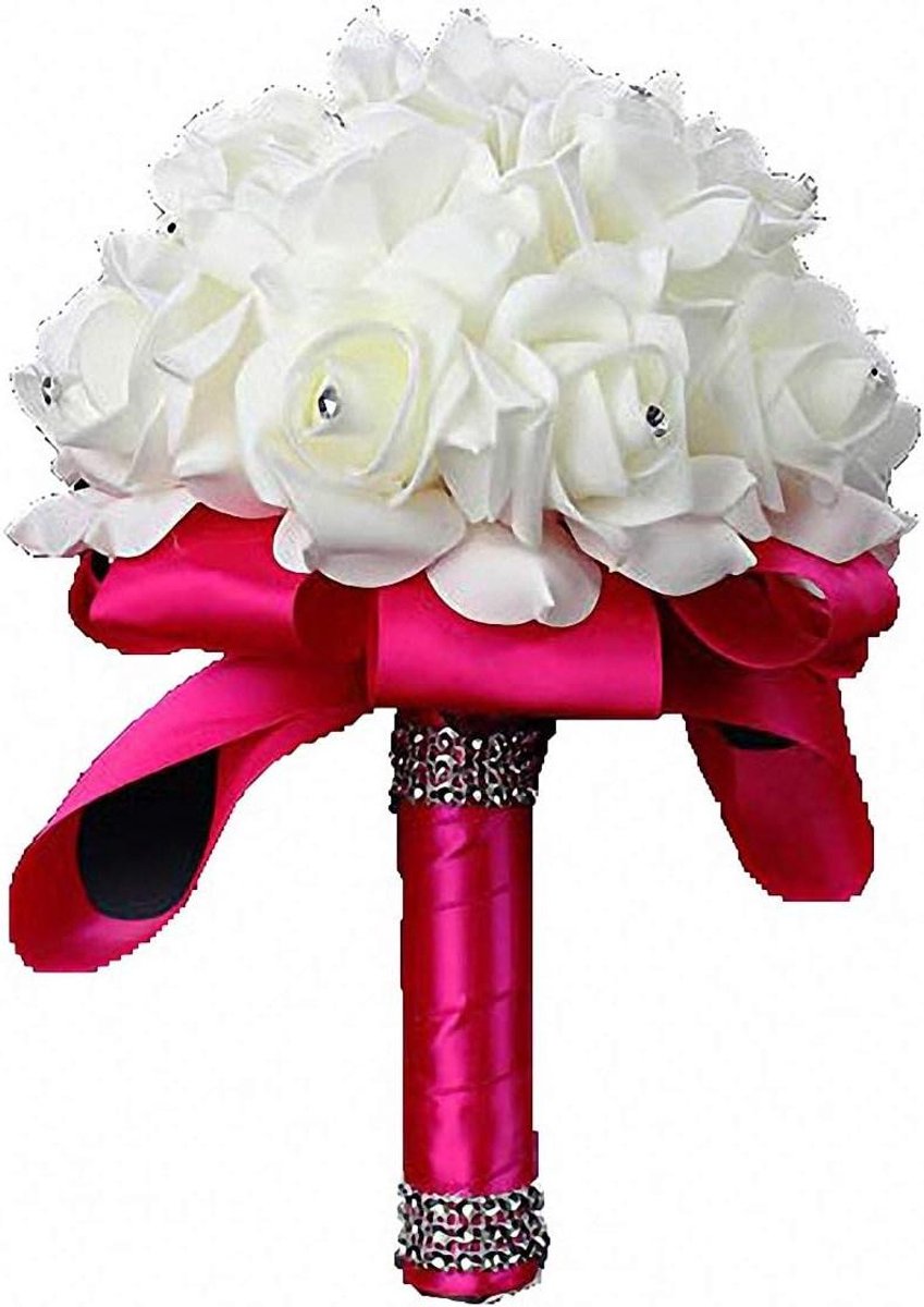 Bruidsboeket - Bruidsbloemen Bruidsmeisje - Bruiloft Versieren - Handgemaakt met Kristal - 24 cm Hoog - Wit
