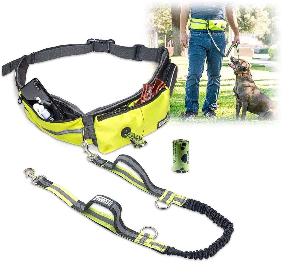 TAKSIN - De ultieme handsfree hondenwandelriem + trainingslooplijn + traktatiehouder + poepzakdispenser + gebruikte poepzakhouder + telefoonzak + flessenhouder (klein/grote honden) (neongeel)