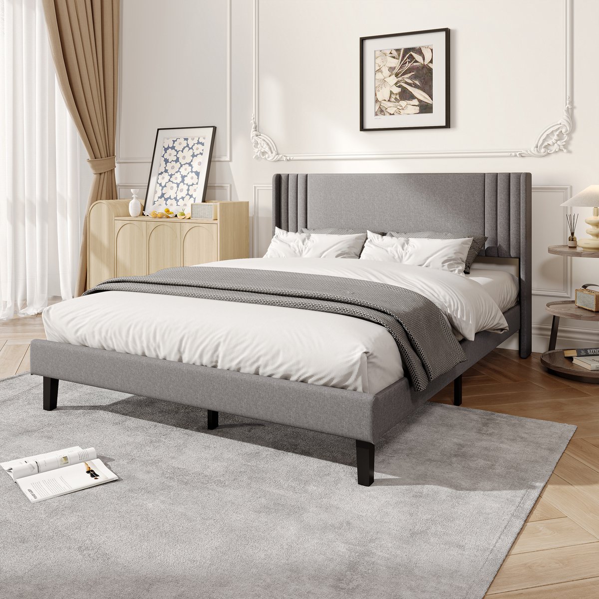 Gestoffeerd platformbed, 160x200 cm, tweepersoonsbed, kinderbed, lattenbodem, linnen stof, grijs