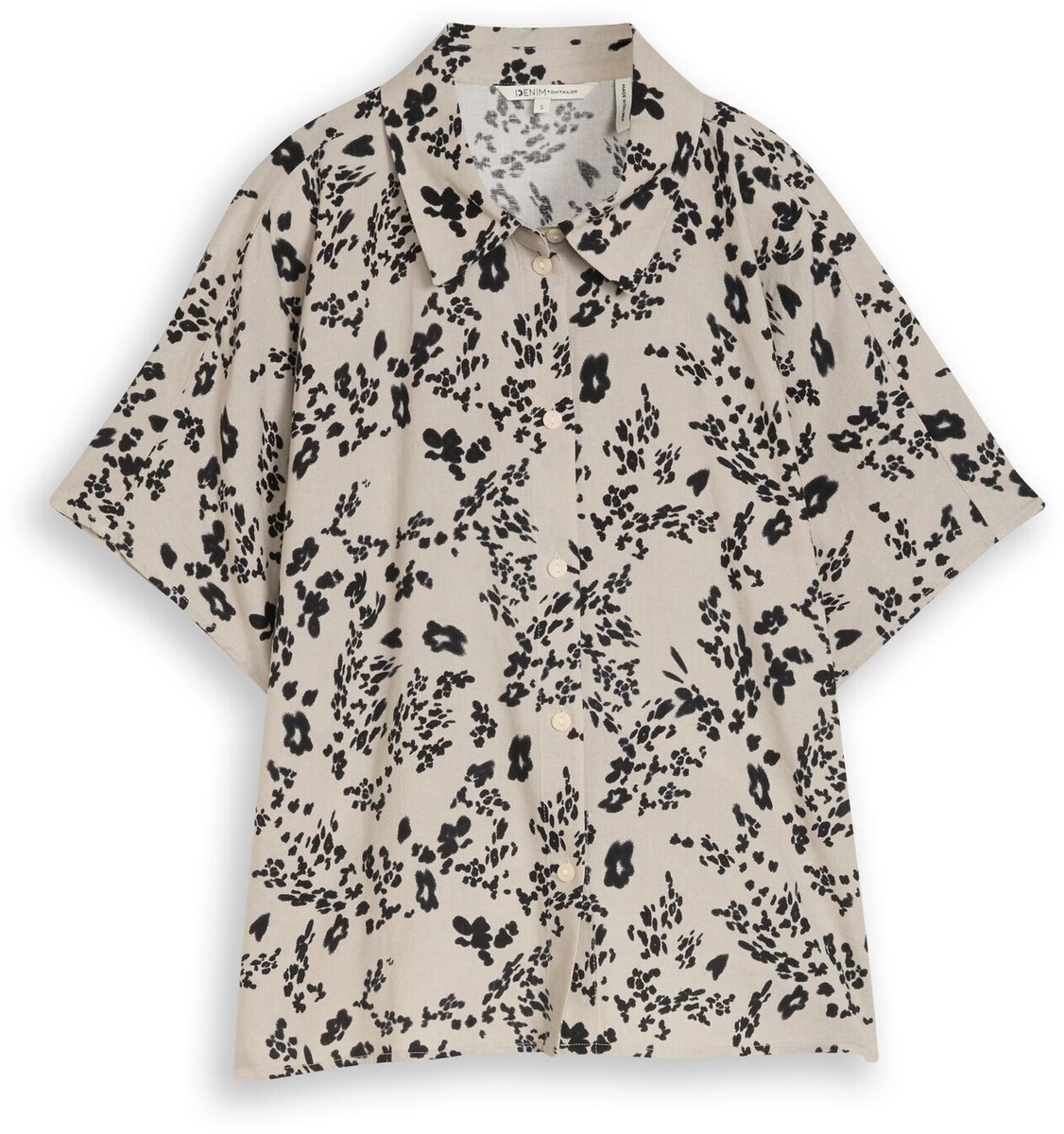 Tom Tailor Denim - Boxy Fit blouse met linnen - Maat XS - beige black flower print