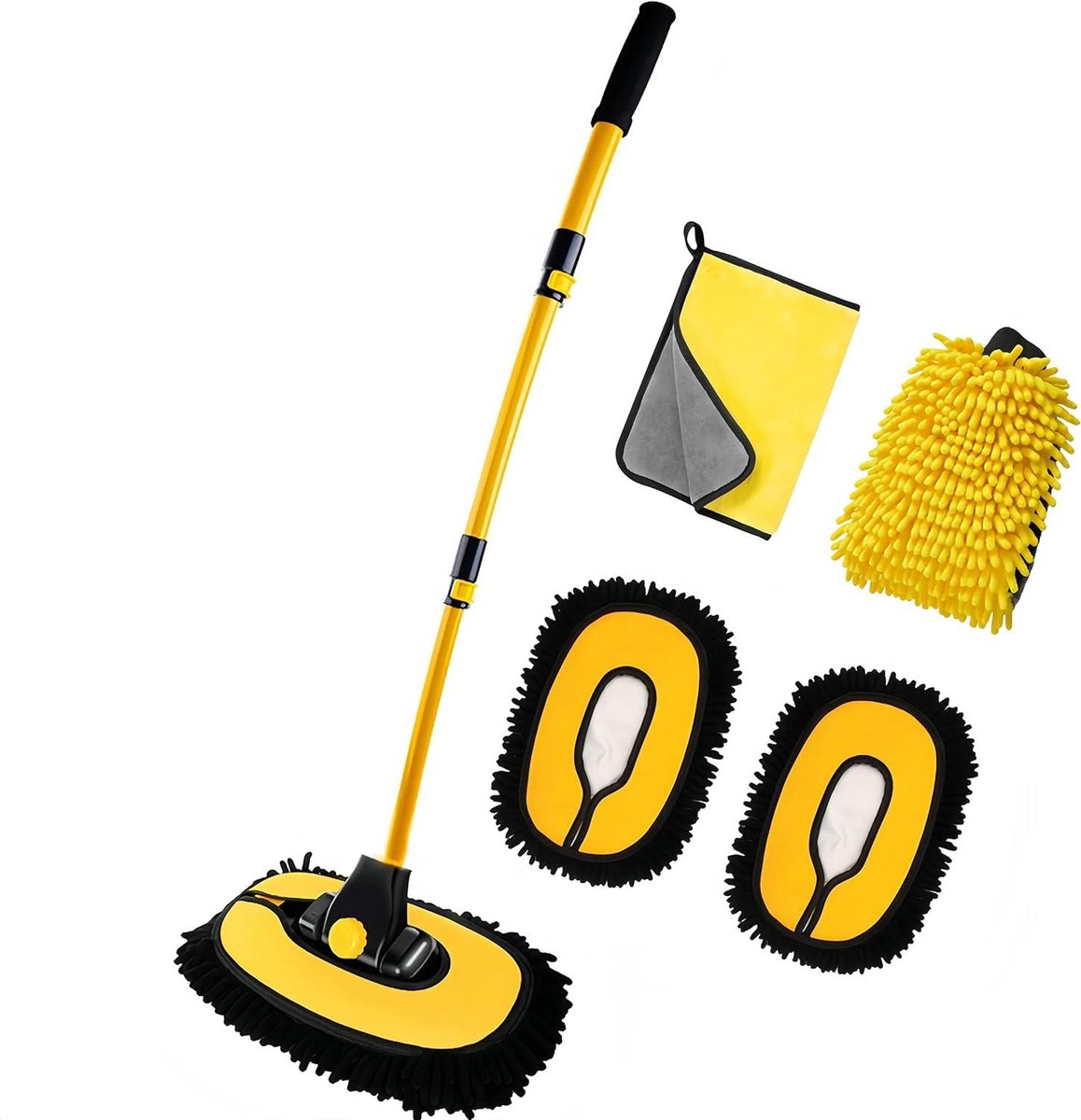Autowasborstel Lange Steel - Reinigingsmop Auto - Voertuigen Glanzend Maken - 15 Graden Ergonomische Buiging - 50-102 cm Verstelbaar - Geel