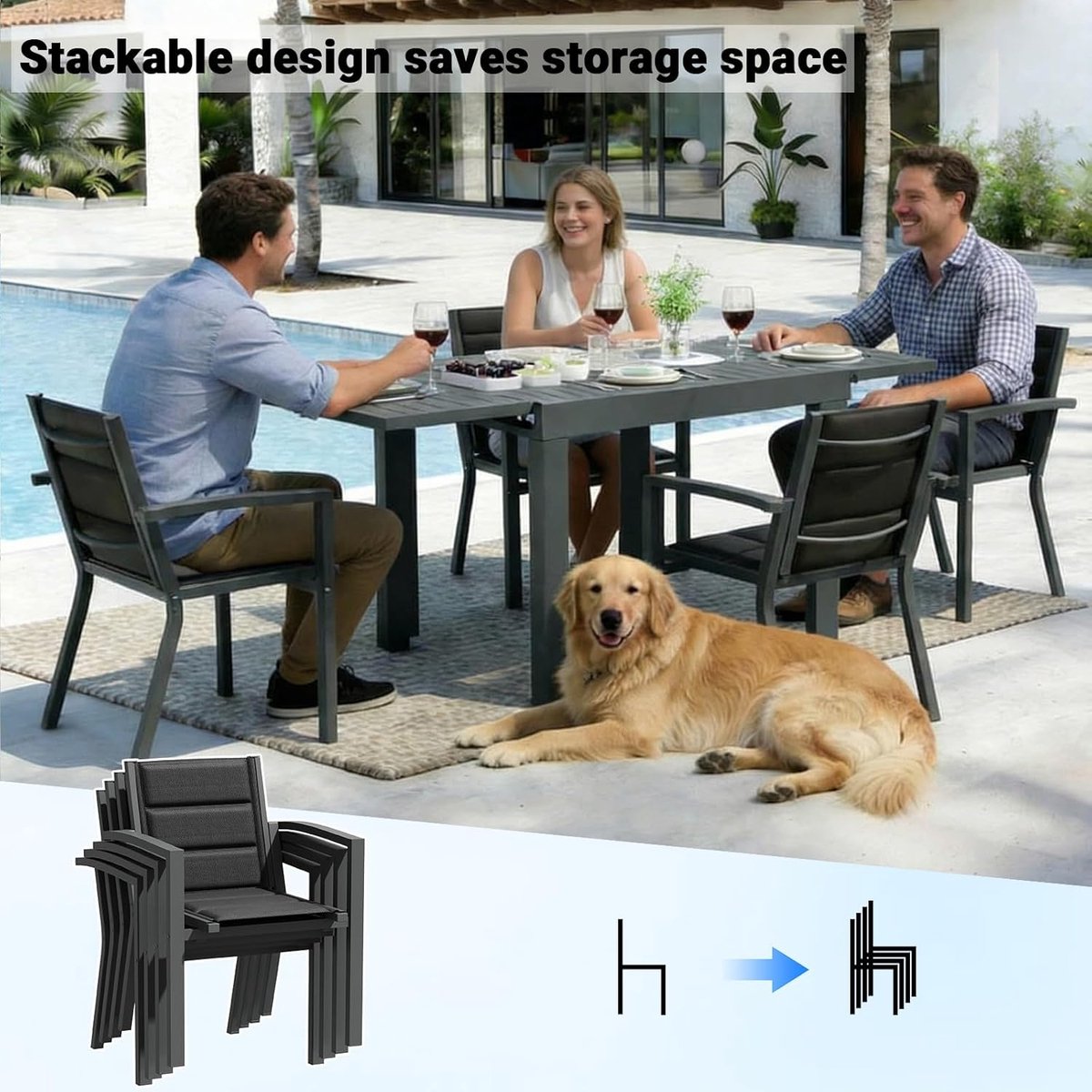 Tuinmeubelset 6 Personen 70x62 cm Aluminium – Moderne Dining Set met Stapelbare Stoelen, Lichtgewicht & Weerbestendig – Inclusief Tafel – Grijs – Nicolehome