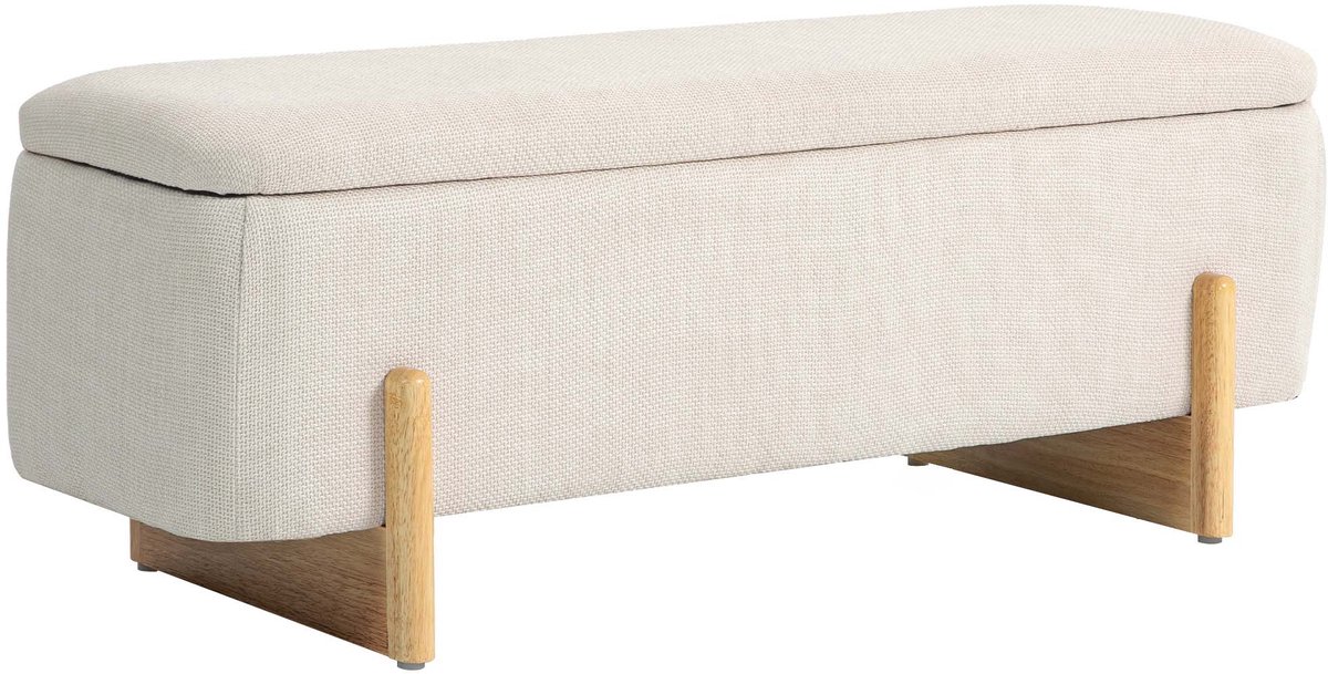 Opbergbank gestoffeerde bank bedbank 111x44x44.5cm beige huidvriendelijke zachte stof comfortabele dikke vulling met veiligheidsscharnier modern minimalistisch design geschikt voor woonkamer slaapkamer en gang