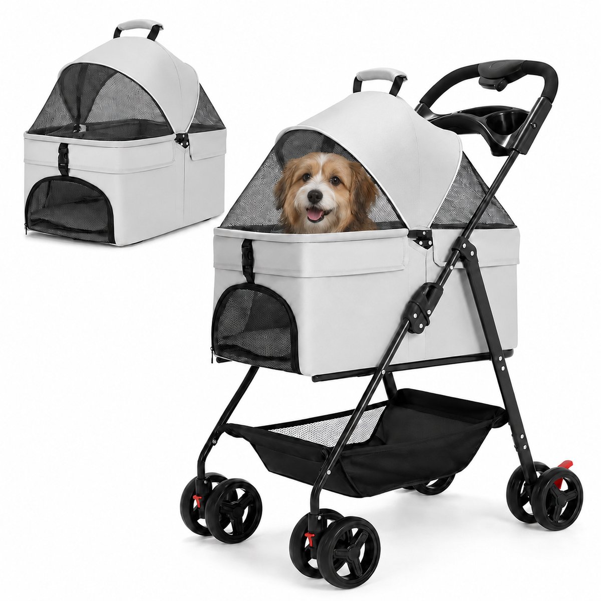 Gloovon® - Inklapbare Hondenbuggy - Wandelwagen Hond - 98 × 65 × 50 cm - Max. belasting 15 kg - Met afneembare boodschappenmand, eetblad, bekerhouder en opbergtas - Grijs
