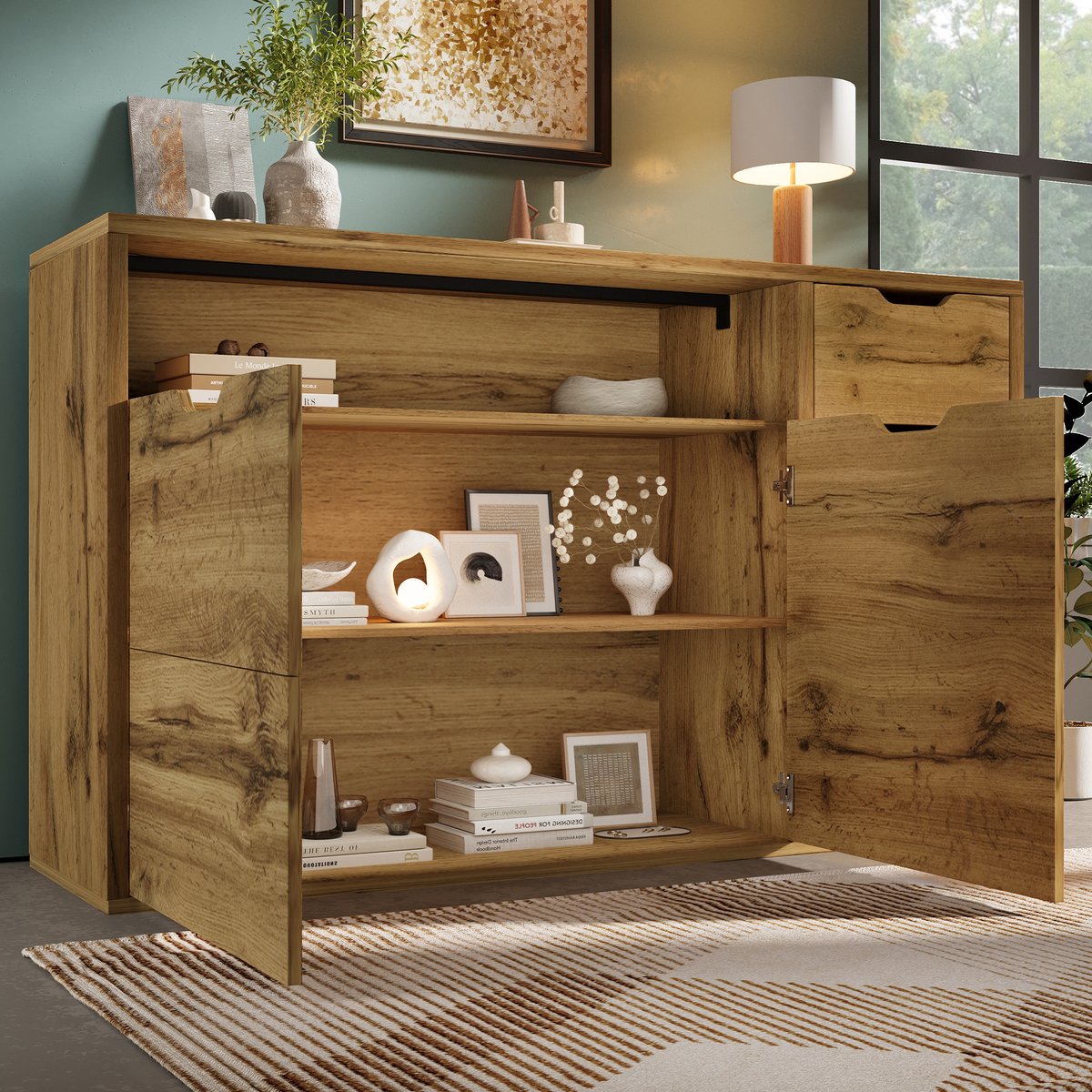 Dressoir 150x40x90 cm - met open vakken - 4 lades - verstelbare planken - kantelbeveiliging - eikenkleur