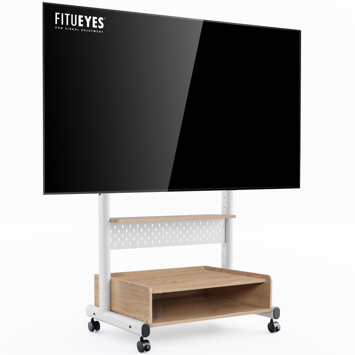 FITUEYES Tv-standaard, oprolbaar, tv-standaard met wieltjes, vloerstandaard, tv-rolwagen voor 40-85 inch tv's, in hoogte verstelbaar, hoog max. 60 kg, VESA 600 x 400 mm (natuur)