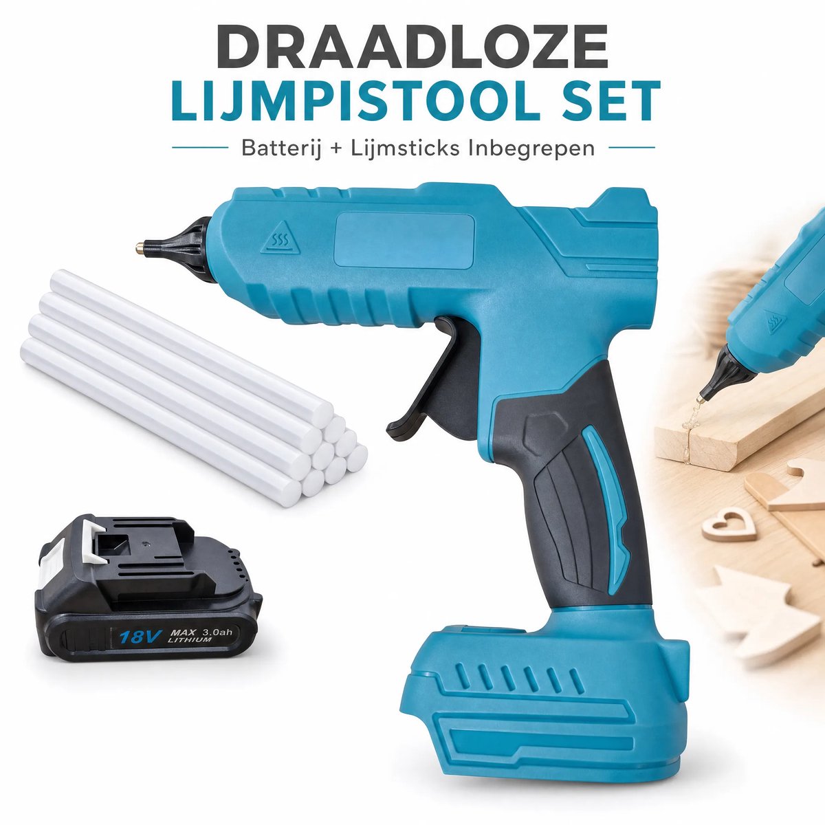 Accu Hete Lijmpistool / Thermisch Lijmpistool / Draadloos – 18V 3000mAh (accu + lader) – Met 10x 11mm lijmstiften – Voor knutselen, reparatie, modelbouw, hout, kunststof & textiel – Inclusief handleiding