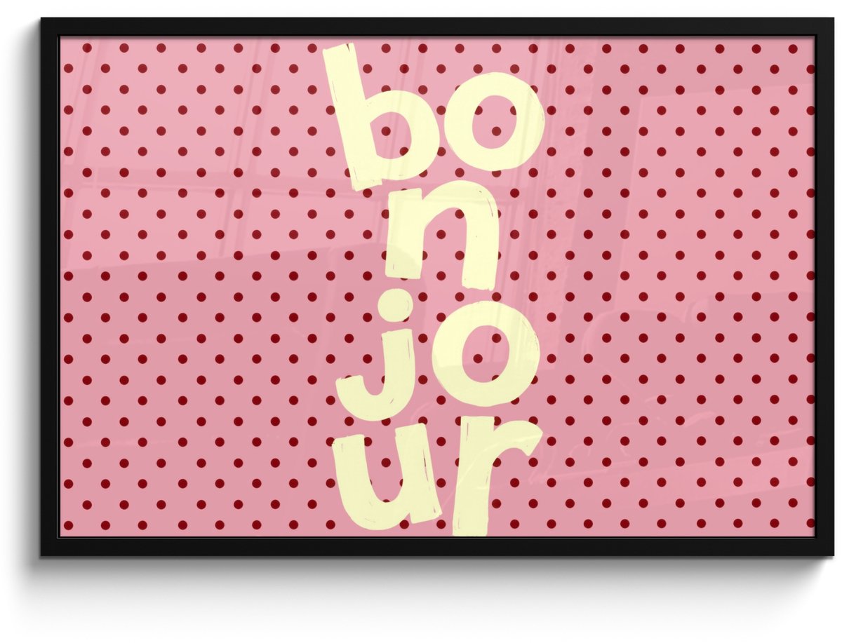 FrameYourWall Poster in lijst - Fotolijst 90x60 cm - Posters - Bonjour - Stippen - Roze- Geel - Posterlijst zwart - Decoratie - Wanddecoratie woonkamer - Muurdecoratie slaapkamer