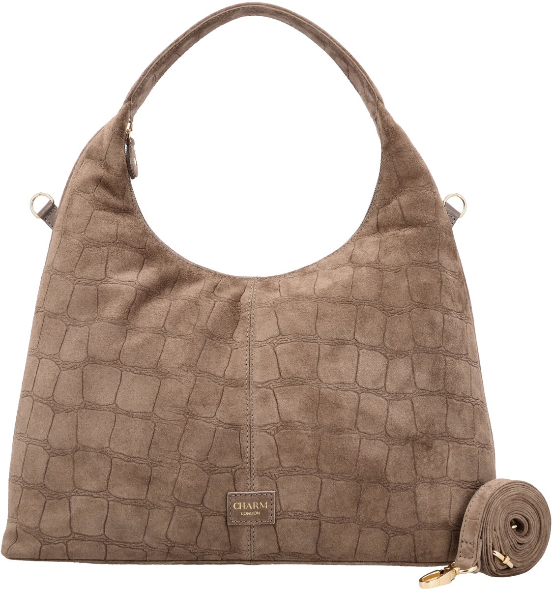 Charm London Cairo Shopper - Suède - Crocoprint - Schouderband - Handtas - Leer - Dames Tas - Leren Dames Tas - Donkertaupe