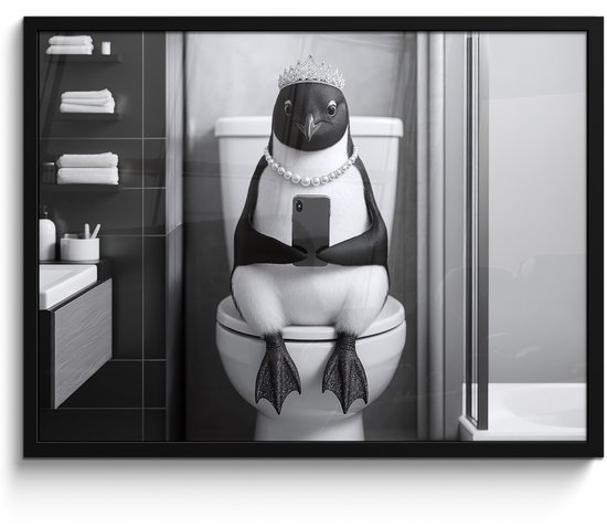 Poster in lijst - Fotolijst 70x50 cm - Posters - Pinguïn - Telefoon - Toilet - Zwart - Wit - Posterlijst zwart - Decoratie - Wanddecoratie woonkamer - Muurdecoratie slaapkamer