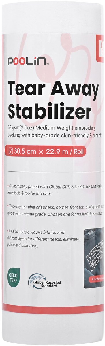 PooLin scheurbaar borduurstabilisator 56 g nonwoven 30 cm borduren
