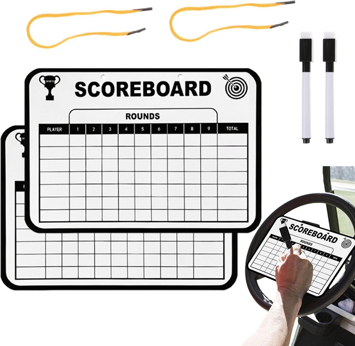 2 stuks - Golf Scorebord Uitwisbaar - Herbruikbare Golf Scorekaart Met Stiften en Ophangkoord - 24,5 x 17 cm voor Golfbaan, Training en Wedstrijden