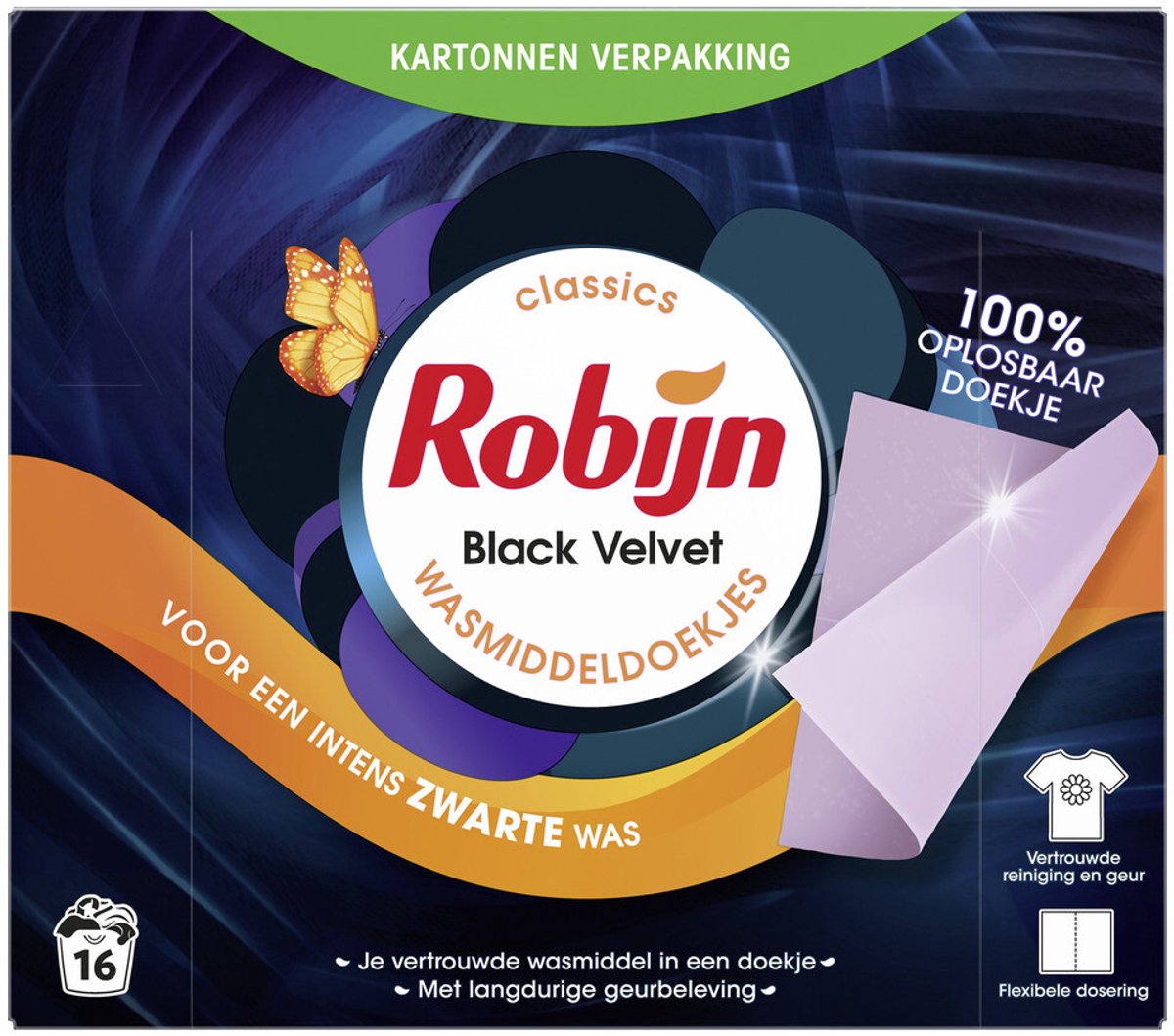 Robijn Classics Black Velvet Wasmiddeldoekjes 16 wasstrips