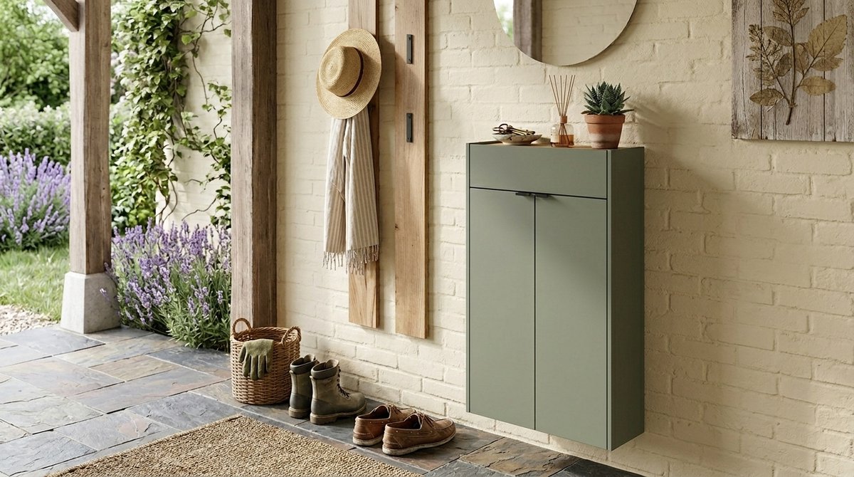 Schoenenkast smal 56 cm – House&Garden Hallkast Groen met Eiken Look – Wand- of Staand Model – 2 Deuren, 1 Lade, 4 Verstelbare Planken – Softclose – 56x97x22 cm – Voor Hal & Gang – Modern Design Duitsland