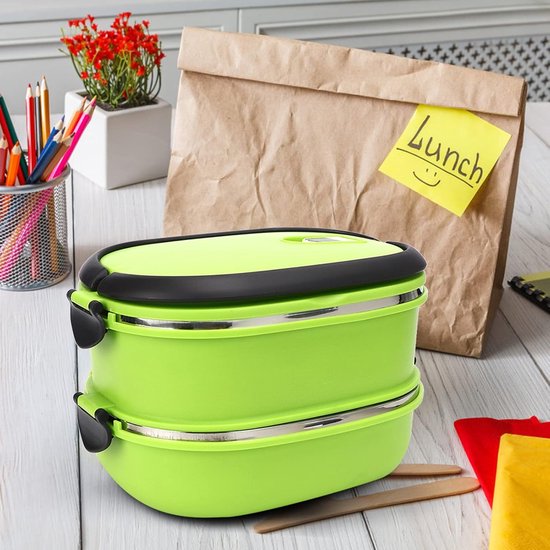 Geïsoleerde Lunchbox - Voedselcontainer Thermos - Maaltijden Warm Houden - 3 Lagen Roestvrij Staal - 2 Niveaus - Groen — afbeelding 5