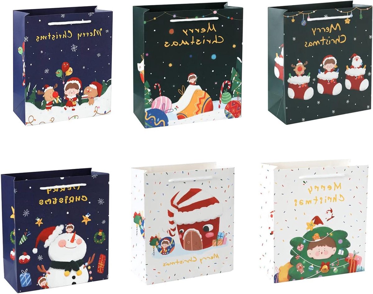 Kerstcadeauzakjes - Papieren cadeauzakken - Cadeaus inpakken - Met trekkoord handvat - 22 x 10 x 245 cm - Multicolor