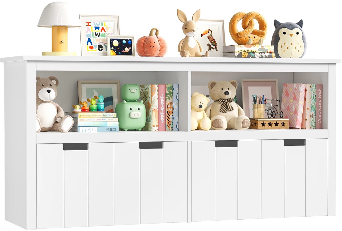 CINK Kids Living® Opbergkast Kinderen met 4 Opbergbakken op Wielen – Speelgoedkast Kinderkamer – Witte Kinderkast met Opbergruimte – 120 x 33 x 61,5 cm