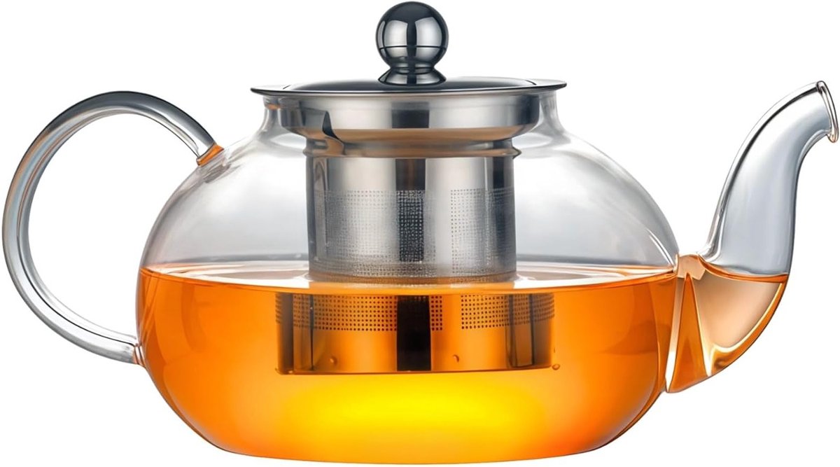 Stijlvolle glazen theepot van 1000 ml met roestvrijstalen infuser, hittebestendig, ideaal voor losse thee en bloementhee, vaatwasser- en magnetronbestendig, ergonomische handgreep