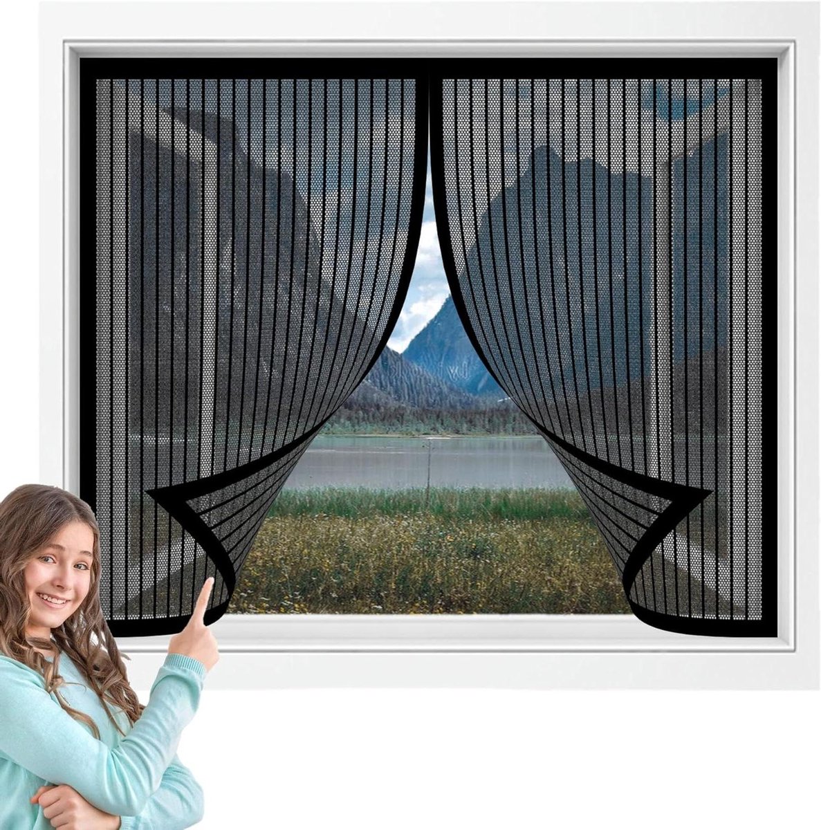 Horren Raam - Insectenwering Magneet - Buiten Zitten - Zonder Boren - 80x256cm - Zwart