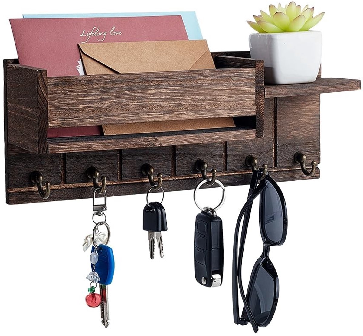 Dailygoods- Sleutelhouder met brievensleuf - Houten Sleutelrek - 6 Sleutelhaken - Wandmontage - Decoratief - Duurzaam ontwerp