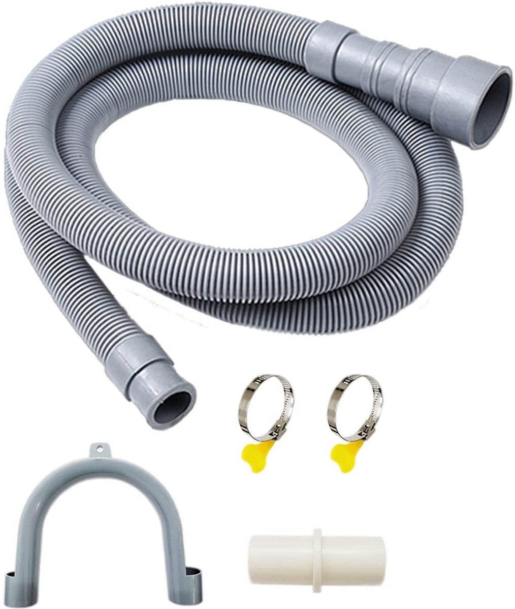 Dailygoods - Afvoerslang Wasmachine - Flexibel met Adapters - 2 Meter - Inclusief Klemmen - Geschikt voor Wasmachine - Wit