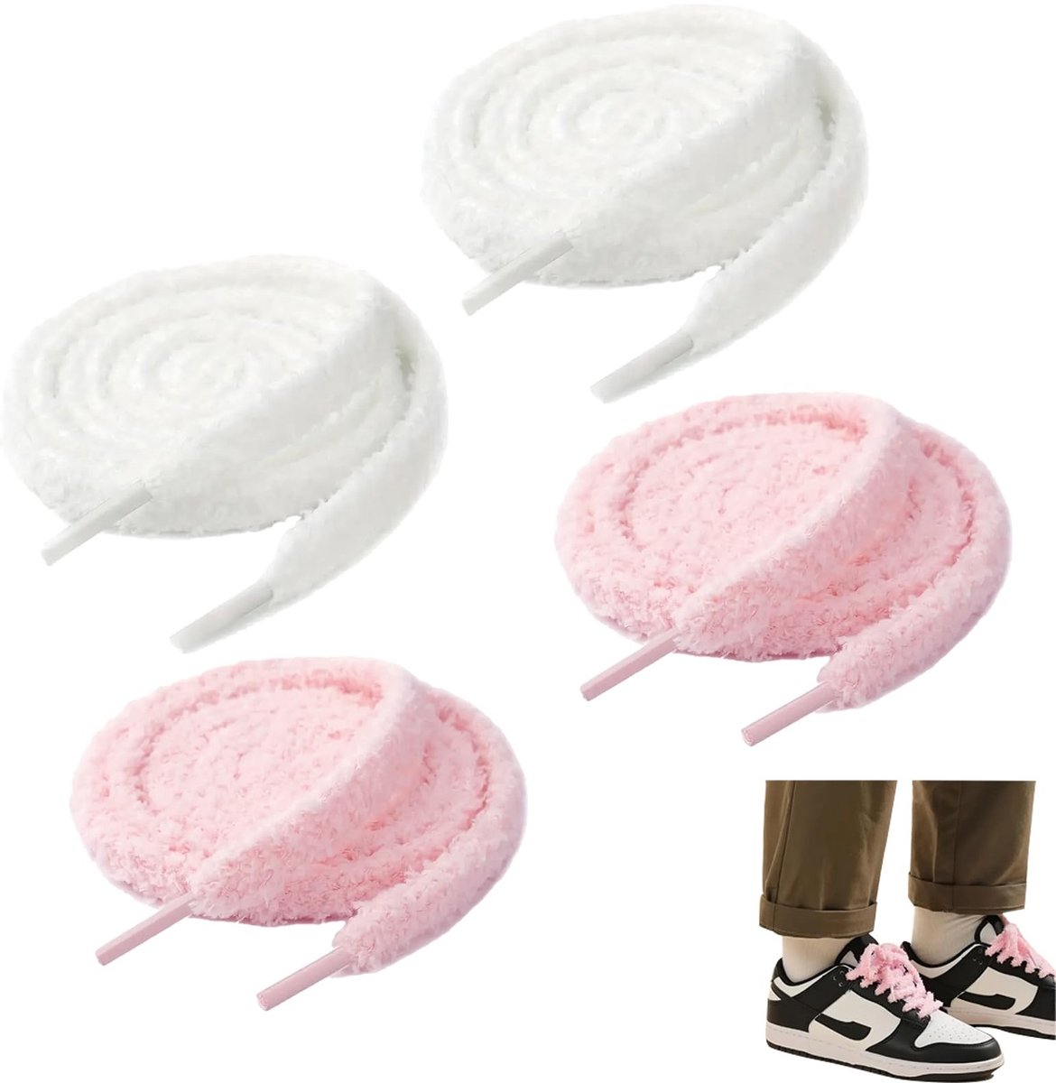 Dailygoods- Veters 120 cm - Fluffy Veters - Zacht - Duurzaam - Voor Sneakers - 4 Stuks - Trendy uitstraling - Schoenveters