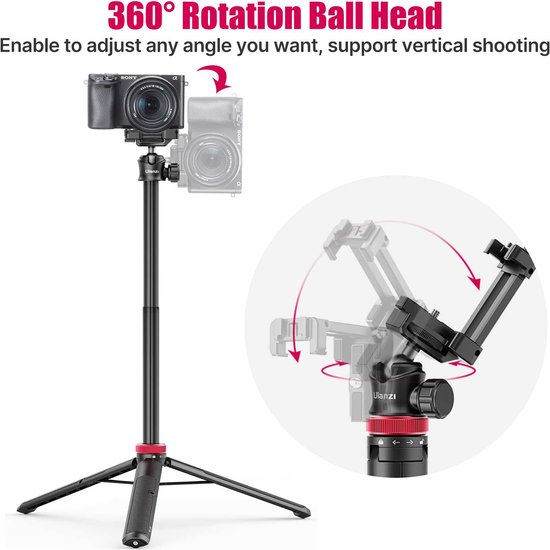 Ulanzi statief met camera en tekst '360° Rotation Ball Head'. Close-up van de balhoofd die 360° roteert.