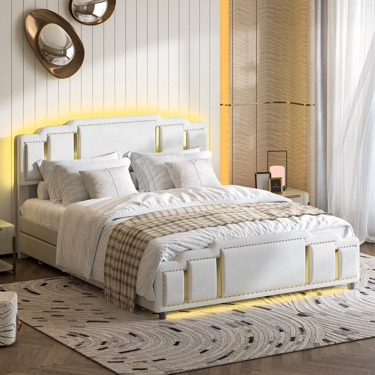 FloraGrace Gestoffeerd Bed 140x200 cm - Met Ledverlichting En 4 Opberglades - Tweepersoonsbed Zonder Matras - Fluweel - Beige Wit