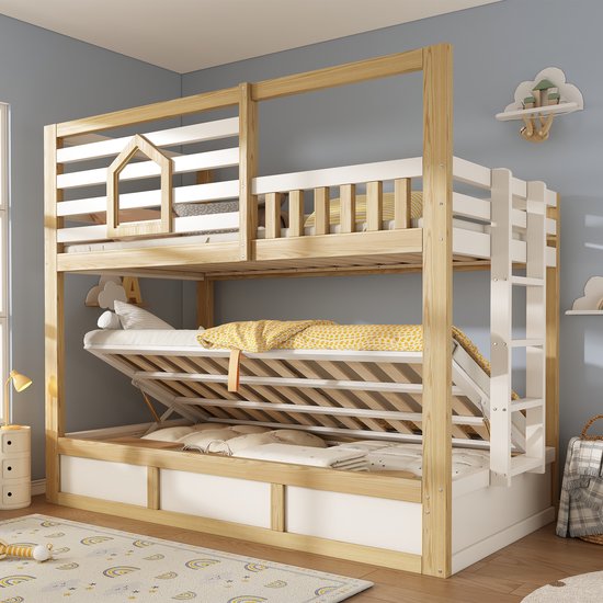 Houten stapelbed met witte accenten, uitklapbaar onderbed en opbergruimte. Kinderslaapkamer.