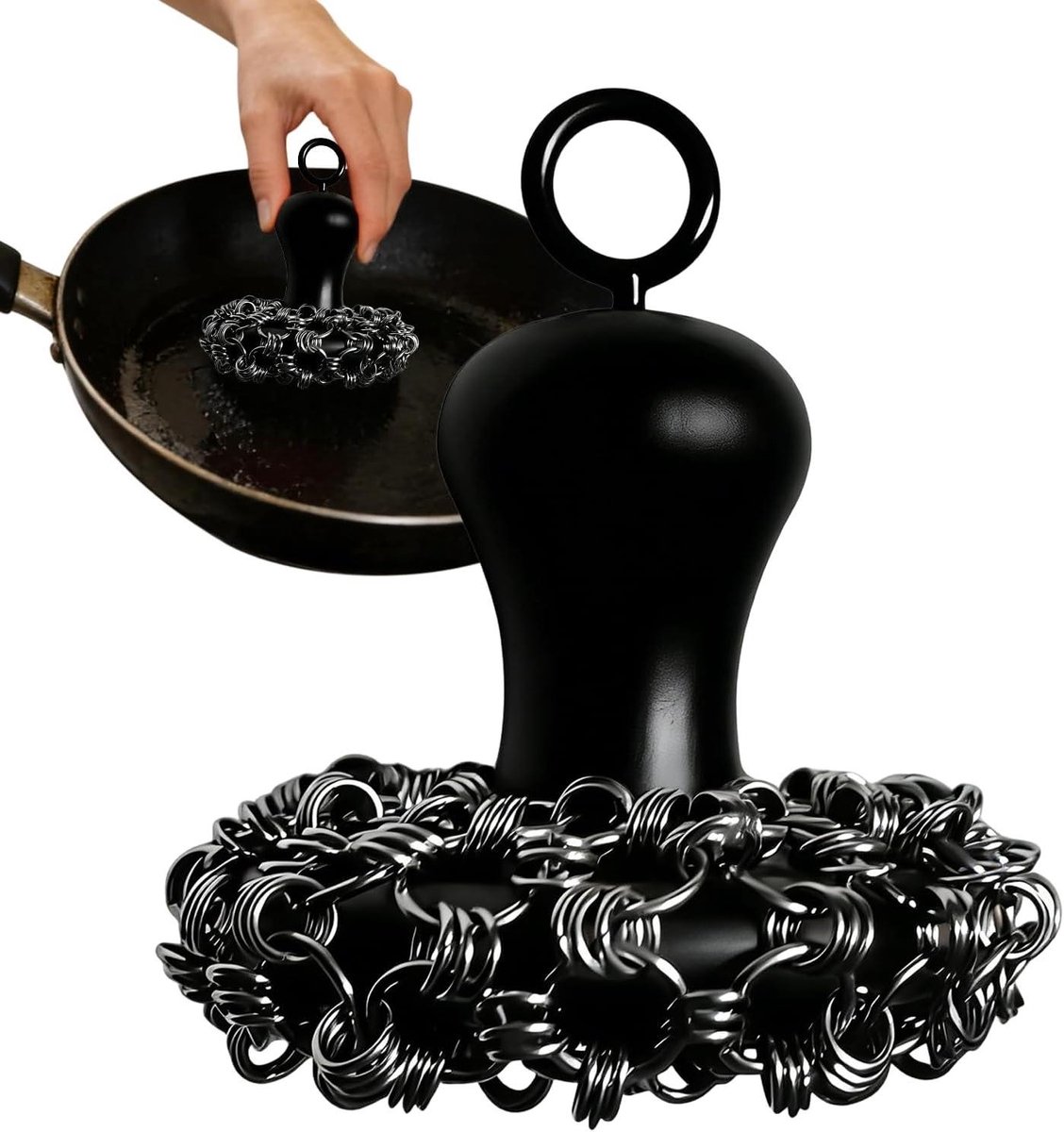Gietijzer Reiniger - Schrobber Pan - Keuken Schoonmaken - Ergonomische Greep - 8 cm - Zilver Blauw