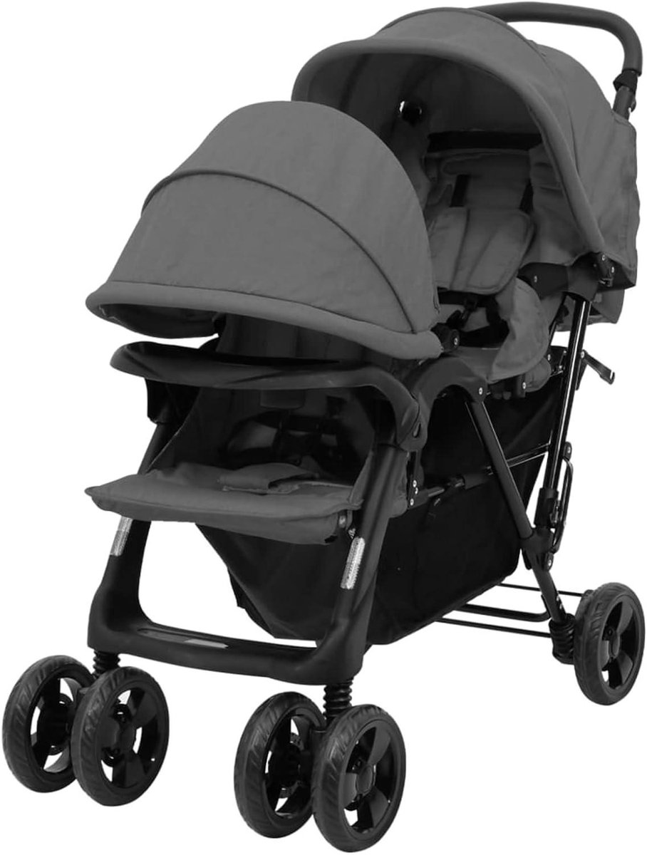 Dubbele Kinderwagen - Tandem Kinderwagen - Kinderen Vervoeren - Compact Opvouwbaar - Plaats voor 2 - Donkergrijs