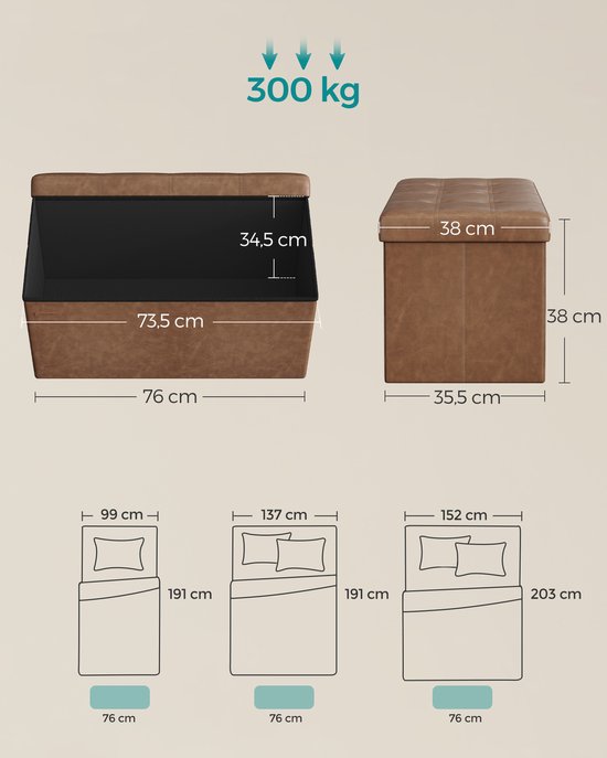 Afmetingen van een bruine opbergpoef met deksel. Laadvermogen 300 kg.