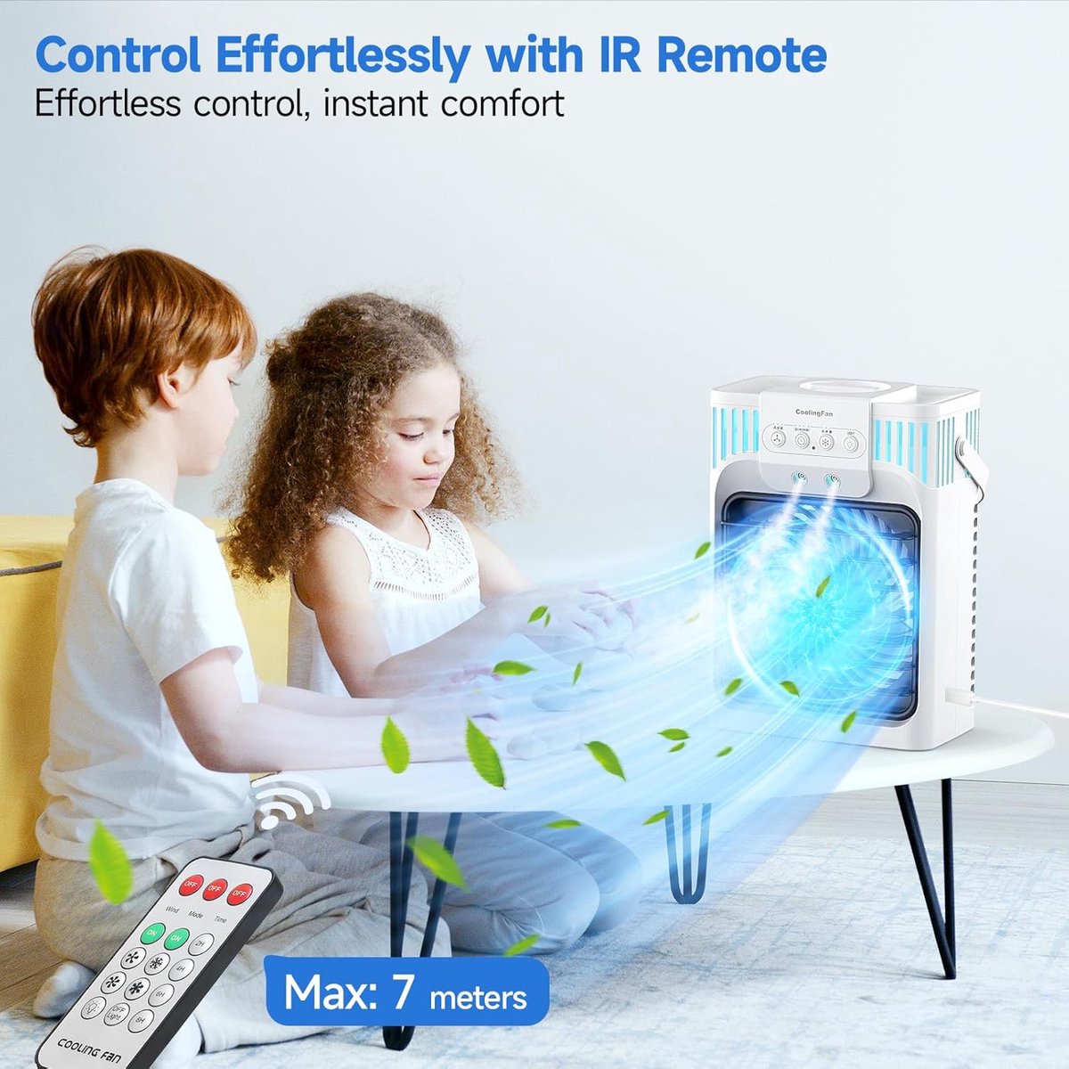 1200 ml mobiele airconditioner met afstandsbediening, 5-in-1 mobiel luchtkoelsysteem, 3 snelheden, 3 sproeistanden, 7 kleuren licht, 2-8 uur timer, mini-airconditioner voor kamer/kantoor — afbeelding 8