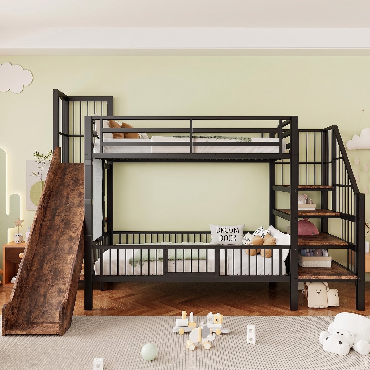 Vvbv Metalen Hoogslaper 90x200 Cm Met Glijbaan, Opbergtrap, Veiligheidshek En Planken, Zwart Kinderbed
