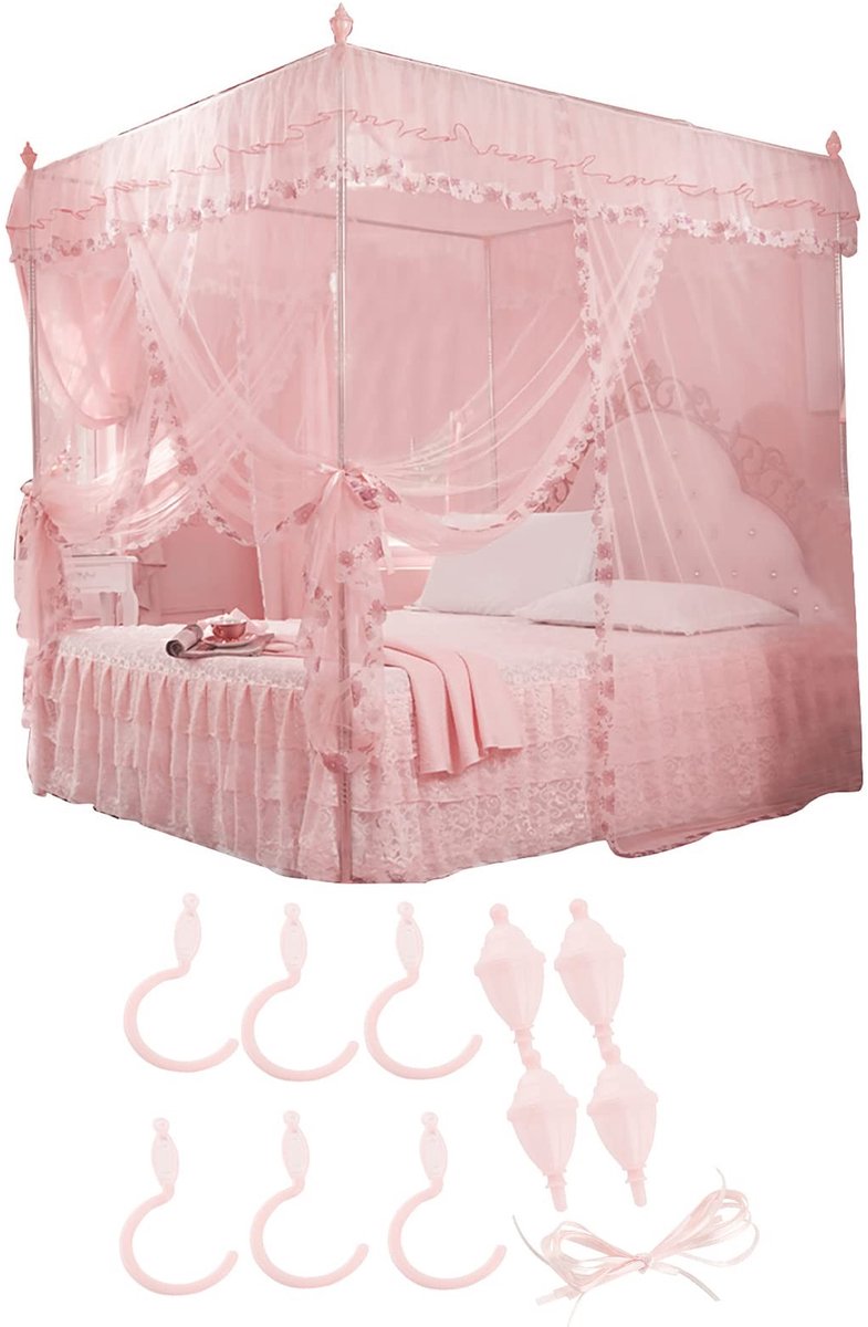 Dailygoods- Bedgordijn Luxe - Klamboe met 3 Zijopeningen - Polyester - Prinsesstijl - Ademend Gaasnet - Roze 150x200x200 cm