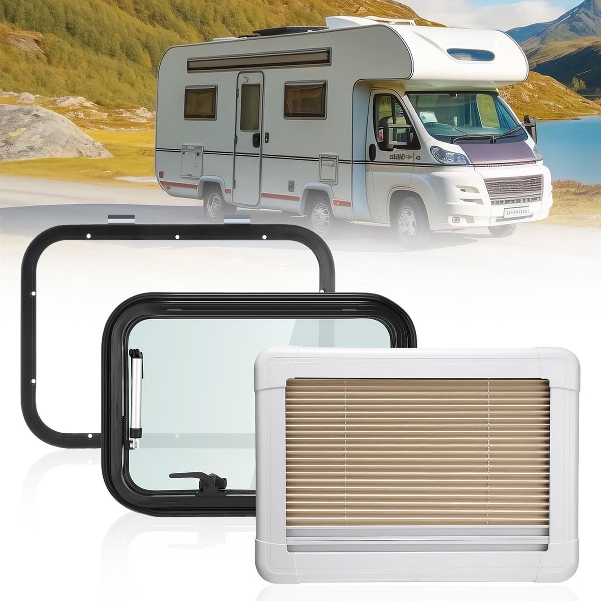 Verlengbaar Raam voor Motorhomes en Campers, 500 x 350 mm, Met Ingebouwde Rolgordijn en Vliegenraam, Ideaal voor Caravans en Vanlife