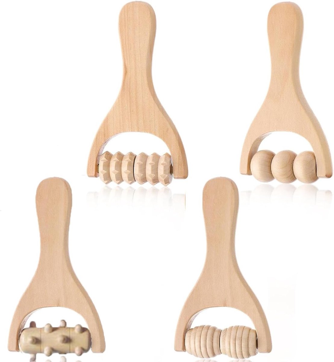 4-delige Houten Rugspier Roller met Handvat, Massage Tool voor Ontspanning van Nek, Rug en Volledige Lichaamsspieren, Ideaal voor Spierherstel en Ontspanning