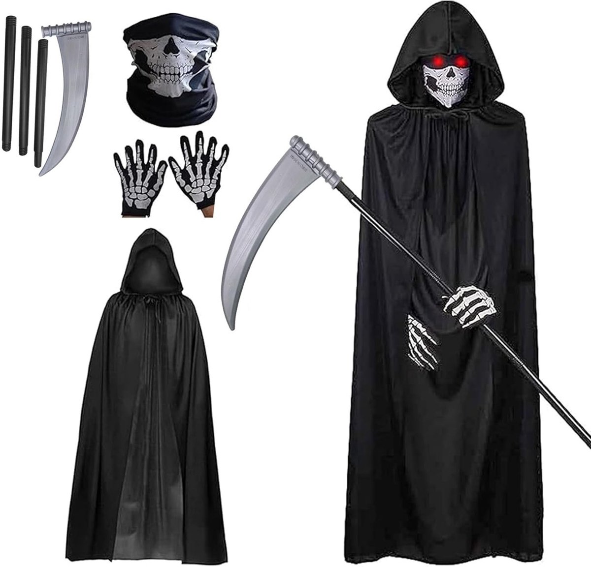 Vierdelige Grim Reaper Kostuumset voor Halloween met Zwarte Cape en Cosplay Accessoires voor Mannen en Feestdecoratie