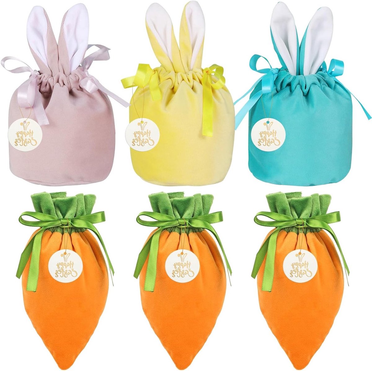 Set van 6 Pasen Eieren voor Vulling, Schattige Konijn en Wortel Tasjes met Hangtag en Gouden Draad, Luxe Fluwelen Cadeautasjes voor Pasen Decoratie en Geschenkverpakking