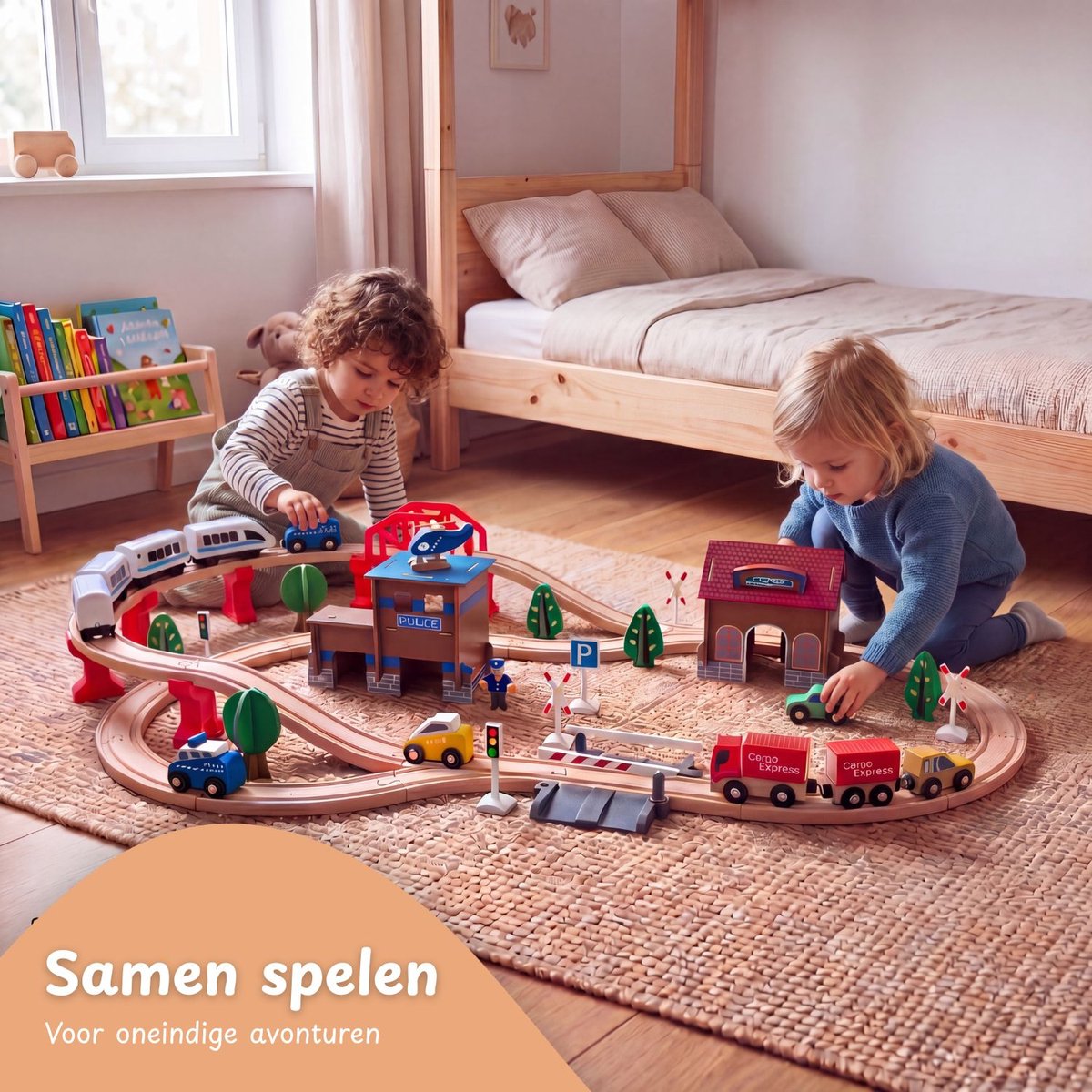 Maxx Kidz Houten Treinset 88 delig - Treinbaan voor Kinderen vanaf 3 Jaar - Compleet met 2 Treinen en Accessoires - Houten Treinbaan Speelgoed voor Jongens en Meisjes - 450cm Lange Baan — afbeelding 2