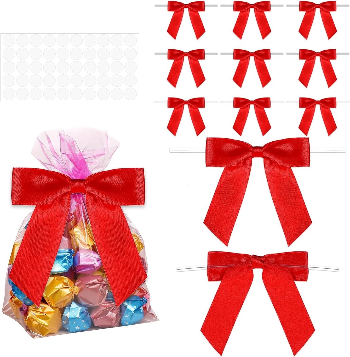 50 Stuks Rode Satijnen Strikken voor Kerst, Cadeauversiering en DIY Projecten met Plakdots
