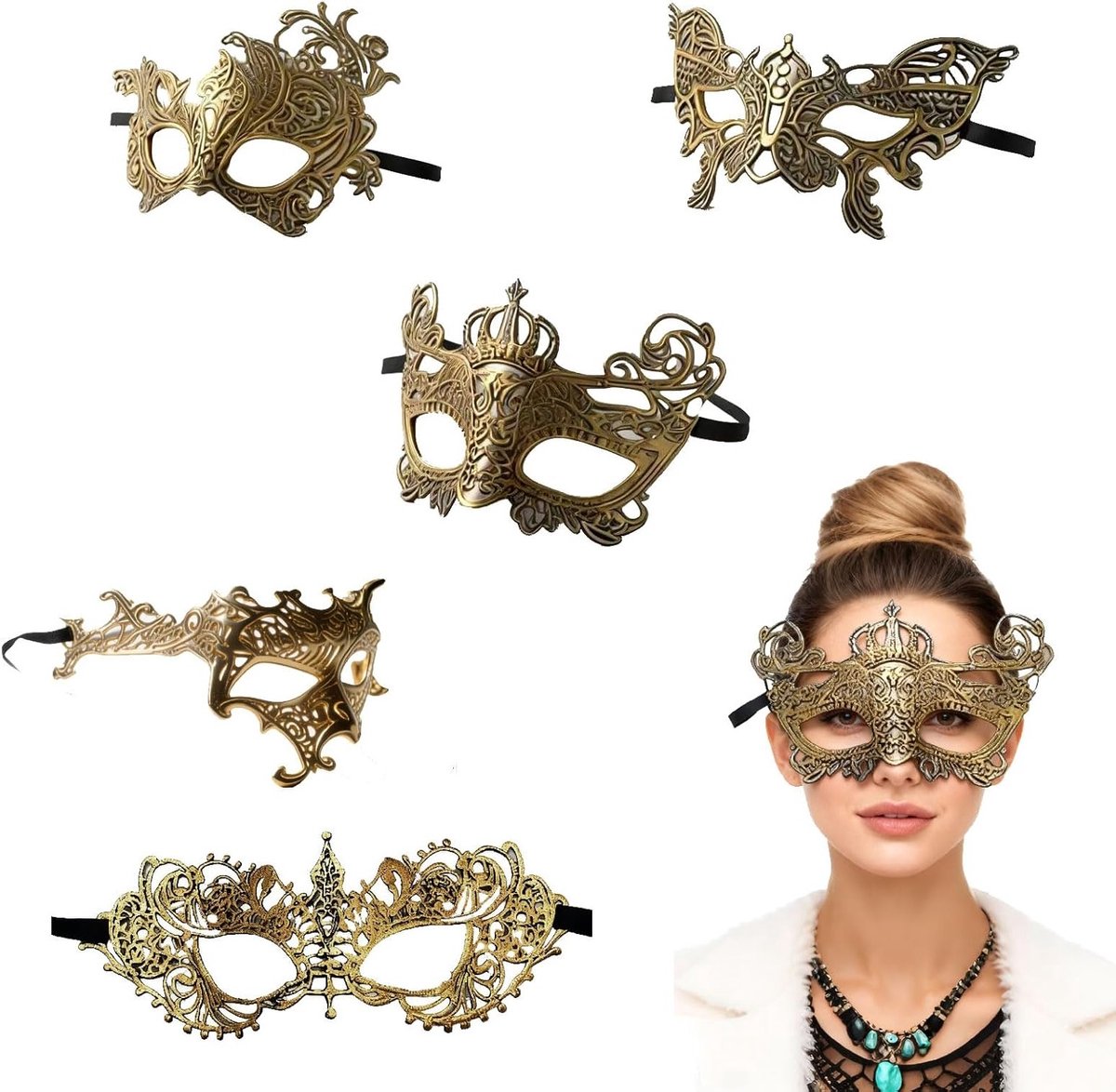 Set van 5 Elegante Maskers voor Vrouwen – Unieke Stijlen: Vlinder, Kroon, Oogmasker, Feniks en Puntig Masker – Perfect voor Feestjes, Thema-avonden en Carnaval