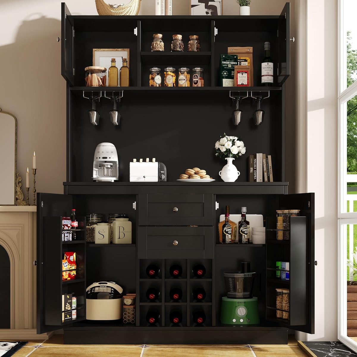 Luxe Keukenkast & Buffetkast met Wijnrek, Glashouders en 4 Deuren - Zwart met 3D Design - 120x40x188 cm