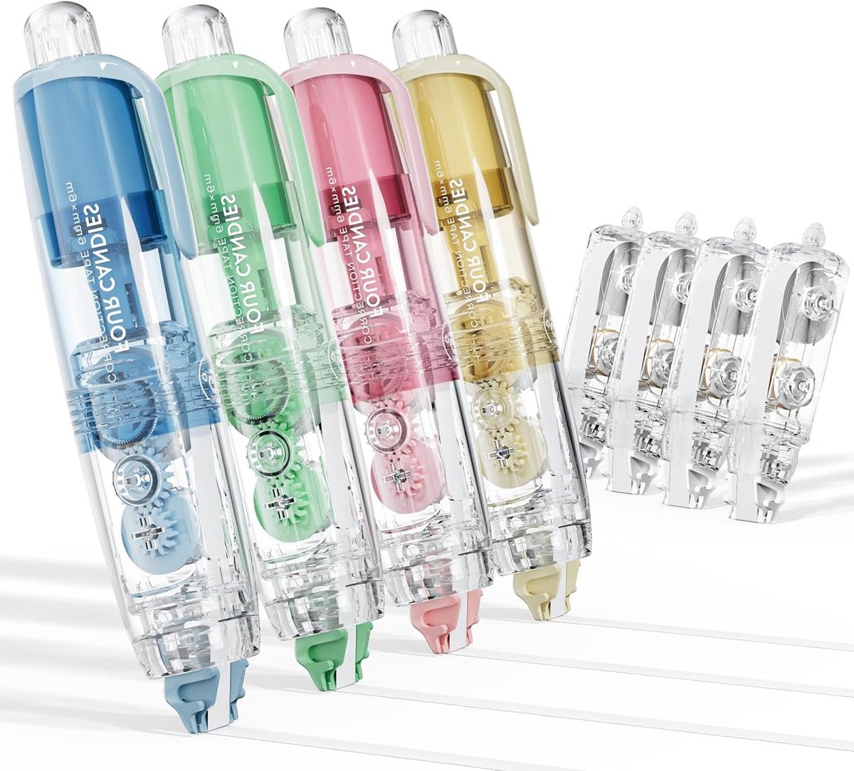 Vulbare Retractable Witte Correctietape Set met 4 Extra Navullingen - Kleurige Esthetische Penvormige Sneldrogende Wite Out voor School en Kantoor Benodigdheden
