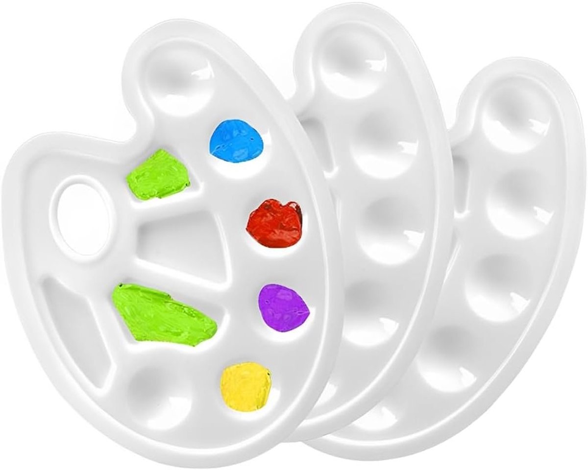 Kleurpalet Set - 3 Stuks Mengpaletten met Gripgat en 10 Mengvelden, Ideaal voor Schilderen, Waterverf, Olieverf en Acrylverf, Wit